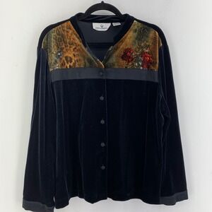 Erin London Womens Large Black Velvet Button Up Cardigan Mob Wife Goth Grunge